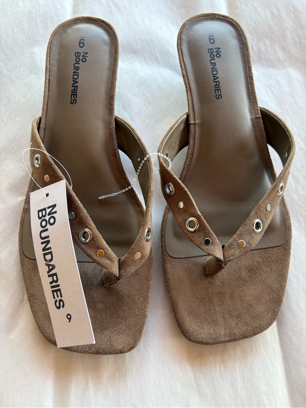 No Boundaries Taupe Suede Thong Sandals with Grommet Accents
